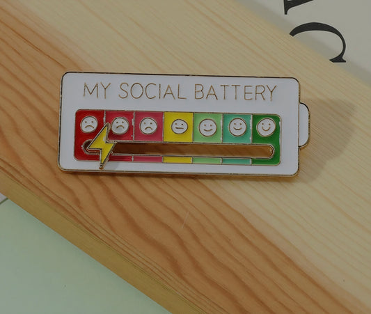 My Social Battery Mood Gauge With Moving Lightning Bolt White Enamel Steel Pin Brooch Badge