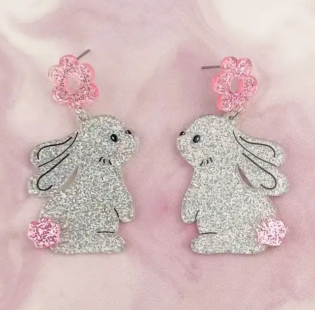 Acrylic Easter Bunny Roabbit Flower Spring Design Glitter Sparkle Drop Dangle Earrings