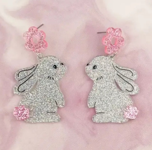 Acrylic Easter Bunny Roabbit Flower Spring Design Glitter Sparkle Drop Dangle Earrings