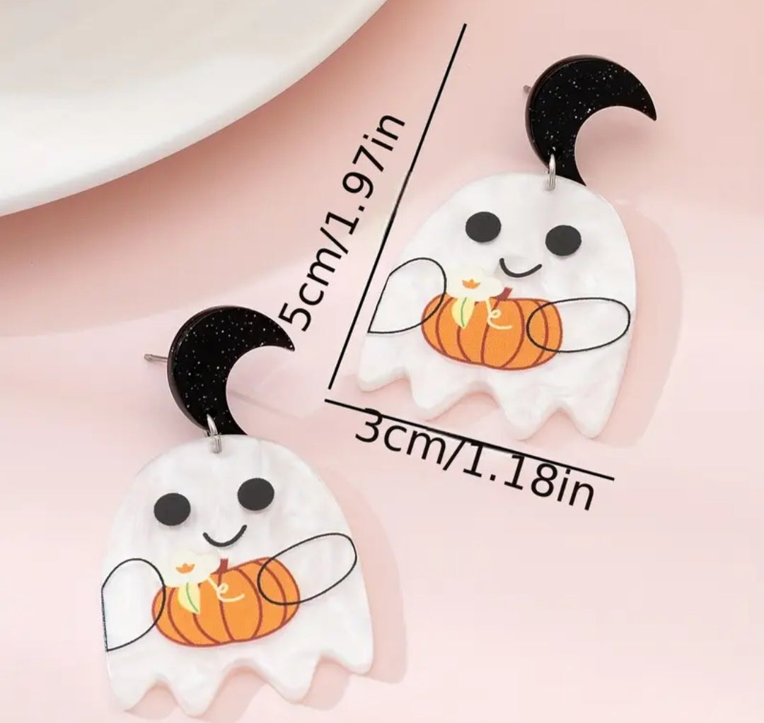 Acrylic Cartoon Ghost Pastel Pumpkin Design Halloween Cresent Moon Drop Dangle Earrings