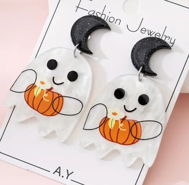 Acrylic Cartoon Ghost Pastel Pumpkin Design Halloween Cresent Moon Drop Dangle Earrings