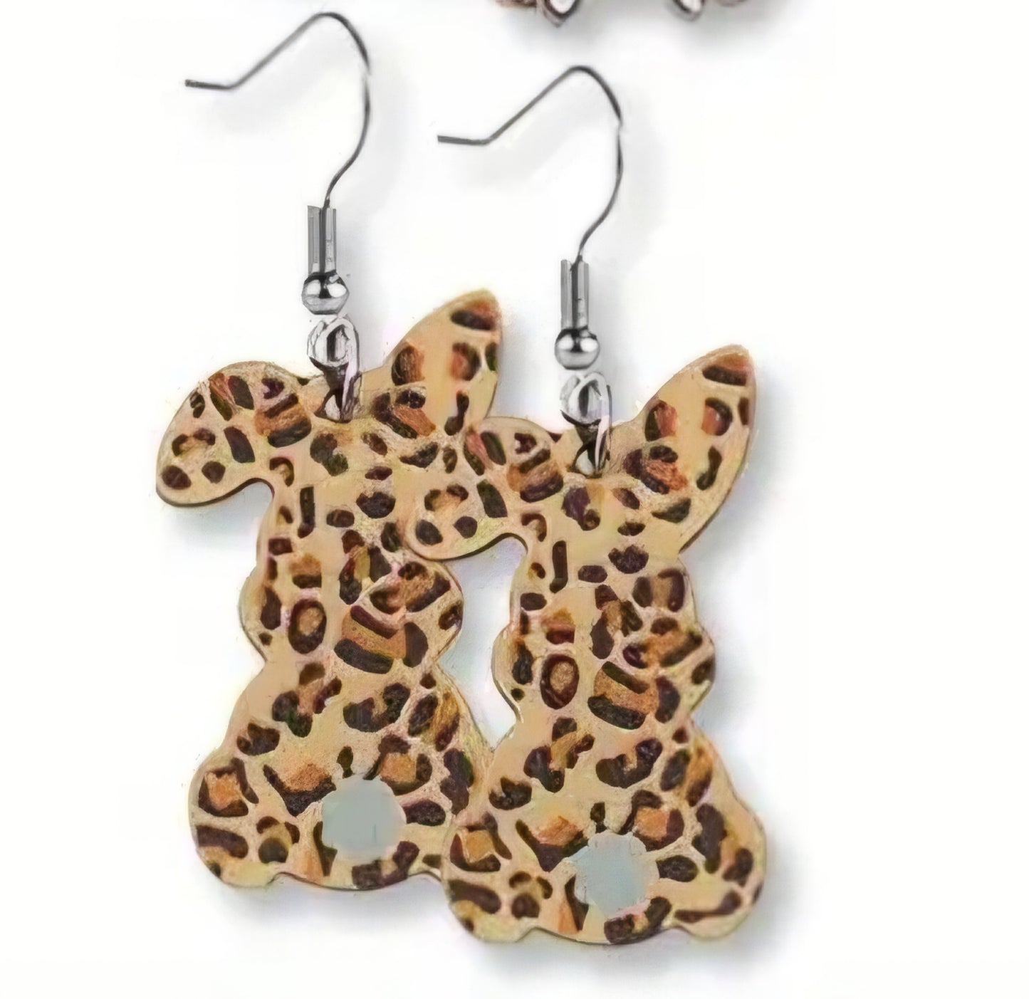 Cartoon Easter Bunny Rabbit Leopard Print Spring Design Wood Drop Dangle Earrings