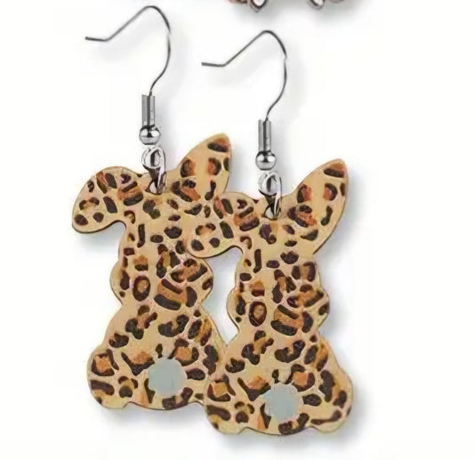 Cartoon Easter Bunny Rabbit Leopard Print Spring Design Wood Drop Dangle Earrings