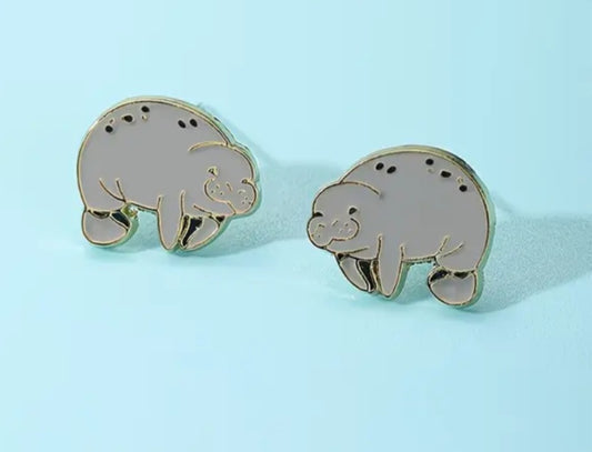 Enamel Cartoon Chubby Manatee Dugong Sea Cow Metal Stud Earrings