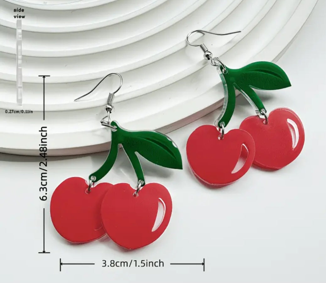 Acrylic Cherry Heart Design Red Drop Dangle Earrings