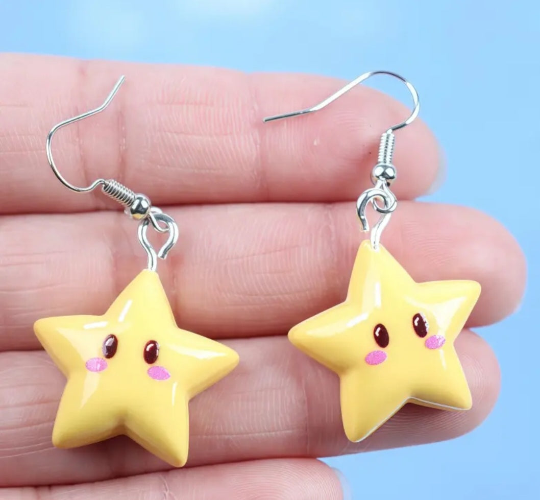 Acrylic Super Mario Power Star Inspired Video Game Drop Dangle Earrings
