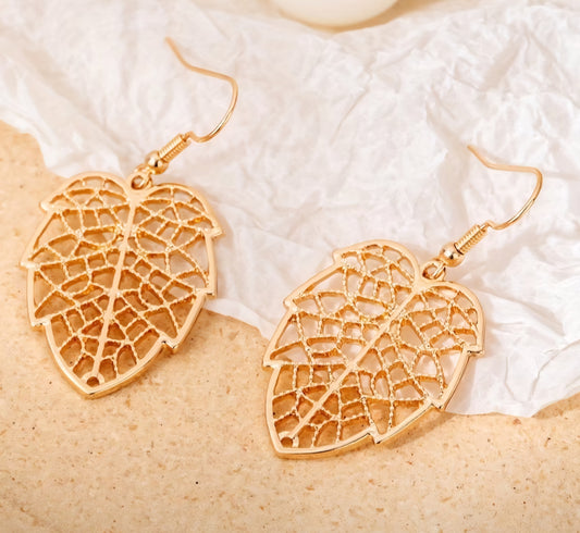 Boho Filagree Leaf Design Gold Plated Drop Dangle Earrings