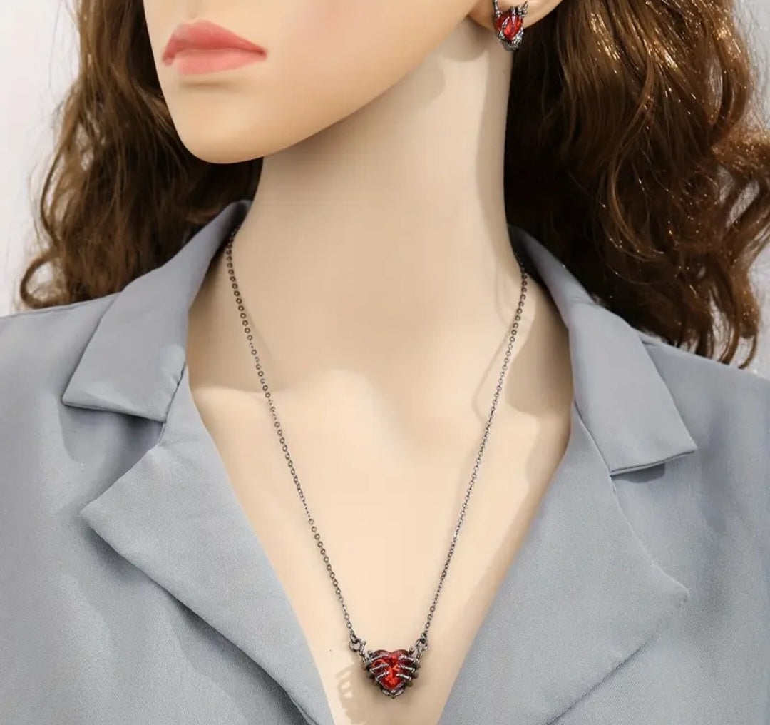 Antique Blackened Metal Gothic Rock N Roll Hands Holding Red Heart Skellington Horns Stud Earrings Necklace Set