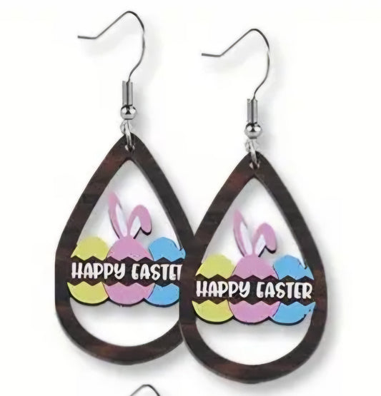 Cartoon Easter Bunny Rabbit Trio Eggs Ears Happy Easter Tear Drop Design Wood Drop Dangle Earrings