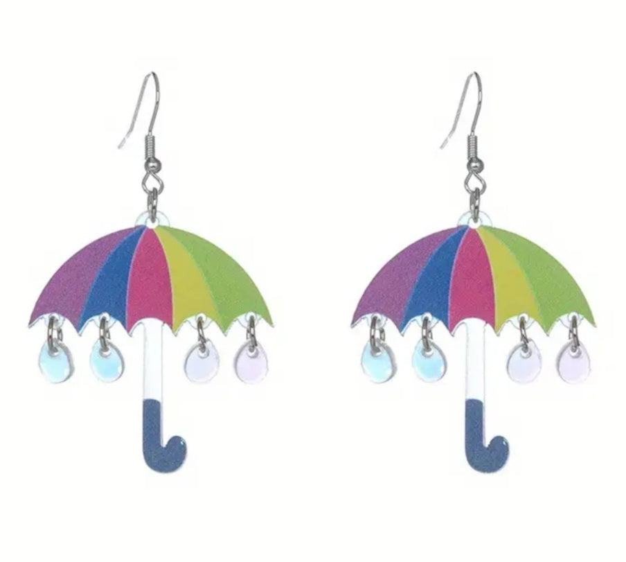 Acrylic Cartoon Colourful Rainbow Umbrella Rain Drop Design Drop Dangle Earrings