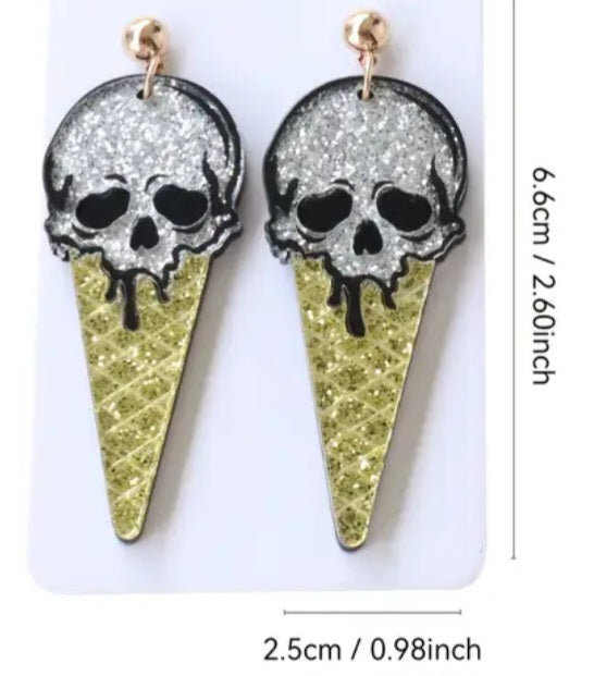 Acrylic Cartoon Glitter Ice Cream Skull Design Large Drop Dangle Earrings Perfect For Halloween Punk Goth