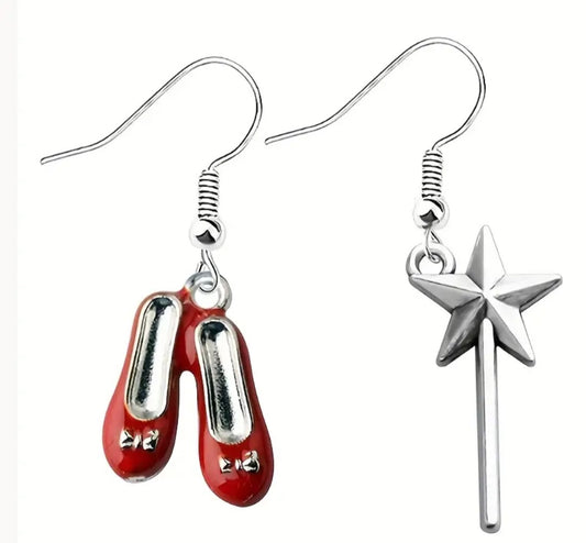 Dorothy's Ruby Red Slippers Glinda's Wand Wizard Of Oz Inspired Enamel Painted Mis-Matched Irregular Drop Dangle Earrings