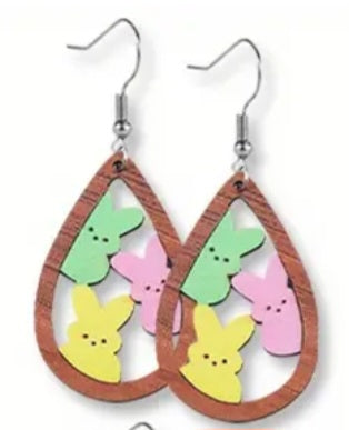 Cartoon Easter Bunny Rabbit Trio Bunnies Yellow Pink Green Tear Drop  Design Wood Drop Dangle Earrings
