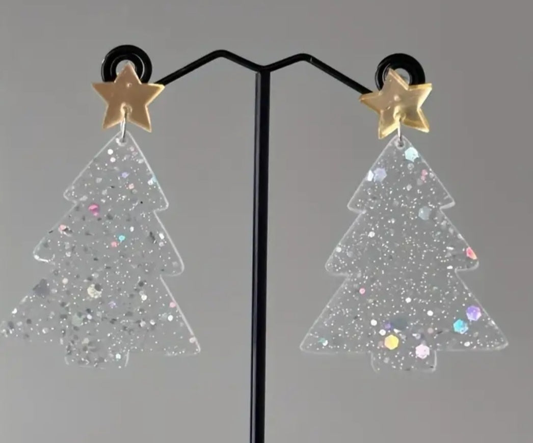 Acrylic Christmas Tree Clear Glitter Flake Gold Star Festive Design Drop Dangle Earrings