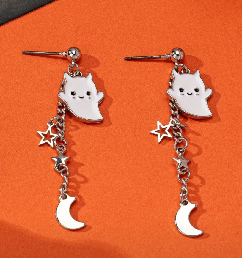 Adorable Enamel Little Devil Ghost Silver Plated Star Moon design Chain Tassle Earrings Punk Gothic Perfect For Halloween