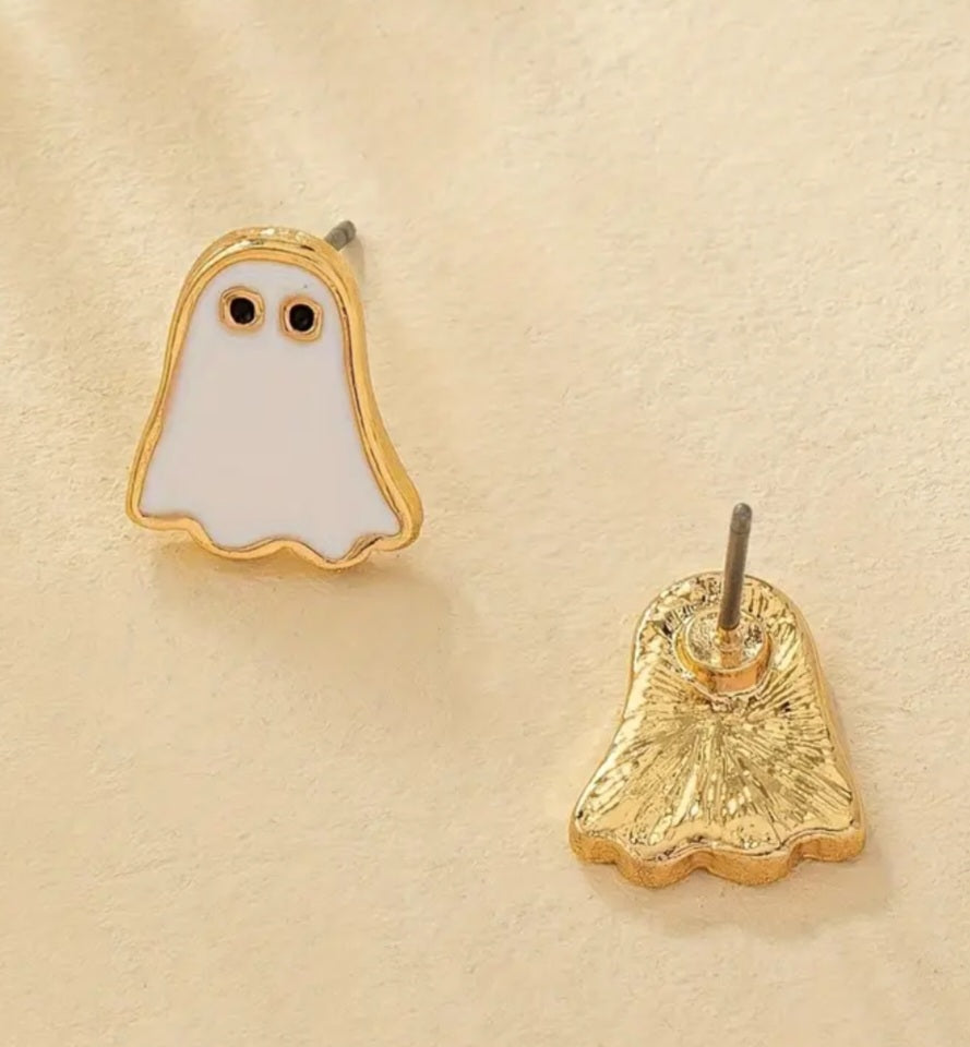 Gold Plated Enamel Painted Ghost White Gothic Punk Halloween Design Small Stud Earrings