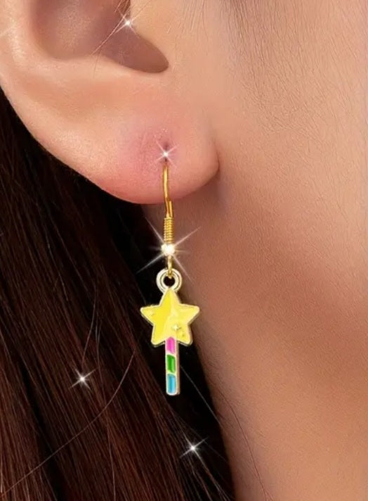 Enamel Painted Gold Plated Pastel Fairy Wand Star Design Tiny Drop Dangle Earrings