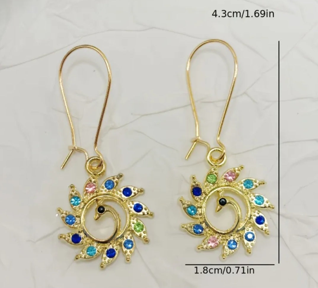 Colourful Rainbow Rhinestone Inlay Gold Plated Circle Peacock Small Drop Dangle Earrings