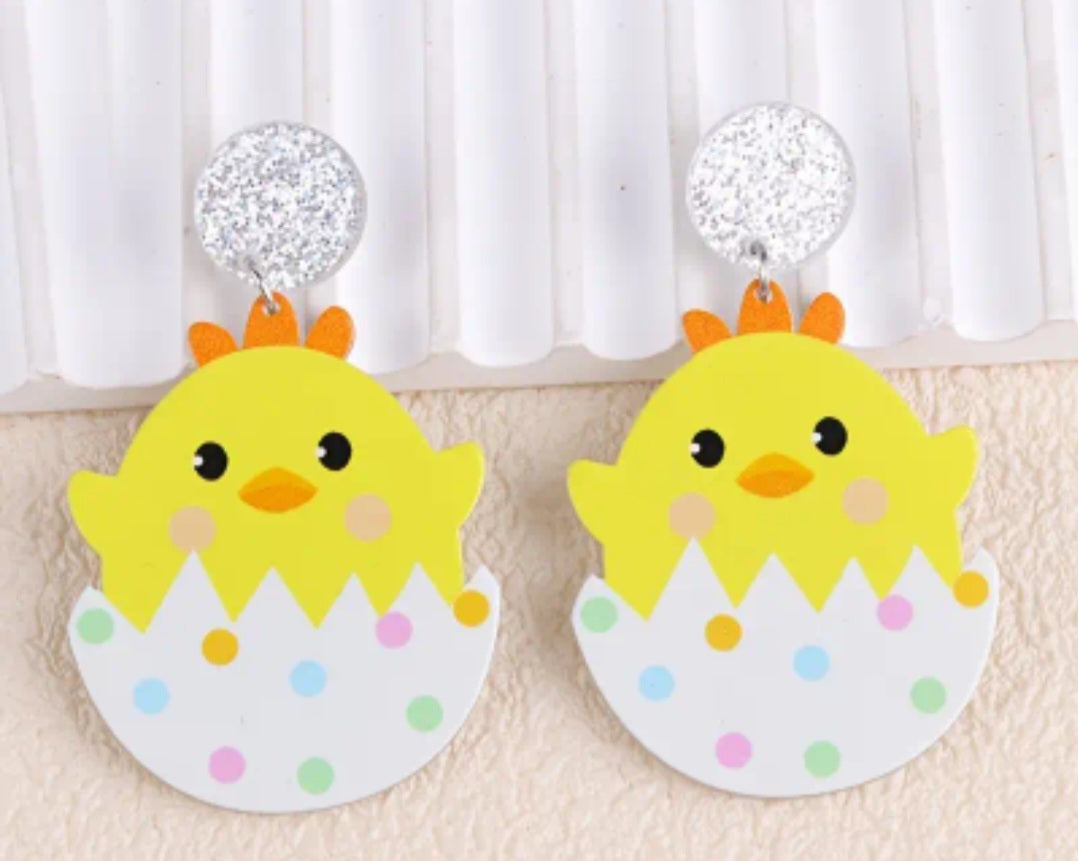 Acrylic Cartoon Chick Easter Egg Spots Spring Design Glitter Drop Dangle Earrings