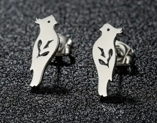 Adorable Parrot Cockatiel Design Silver Plated Stainless Steel Small Teeny Stud Earrings