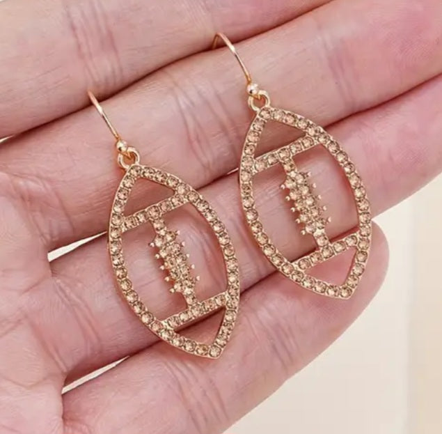 AFL Rugby NFL Champagne Coloured Rhinestone Inlay Gold Plated Football Sports Design Dangle Earrings
