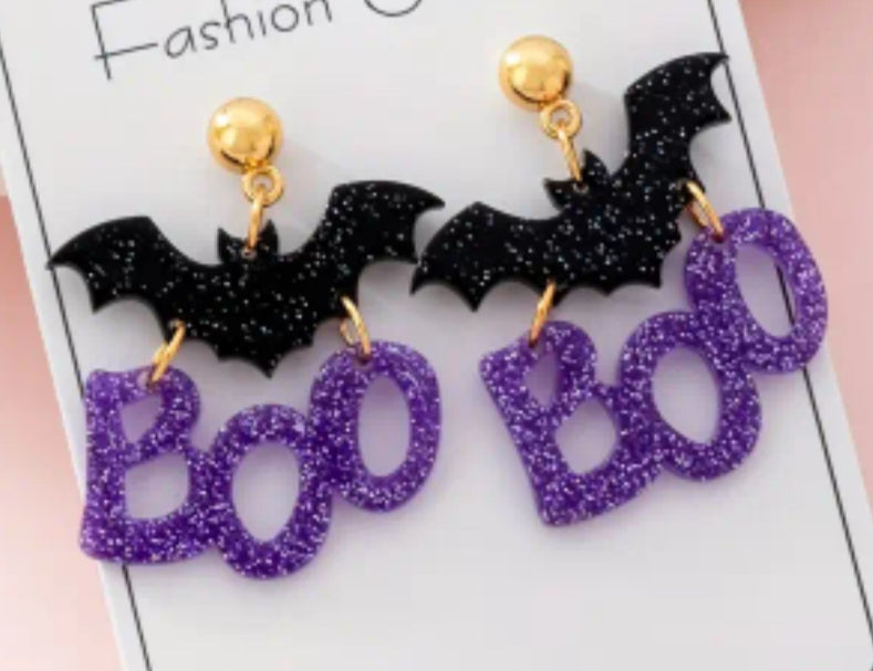 Acrylic Boo Hinged Glitter Purple Black Halloween Gothic Design Drop Dangle Earrings