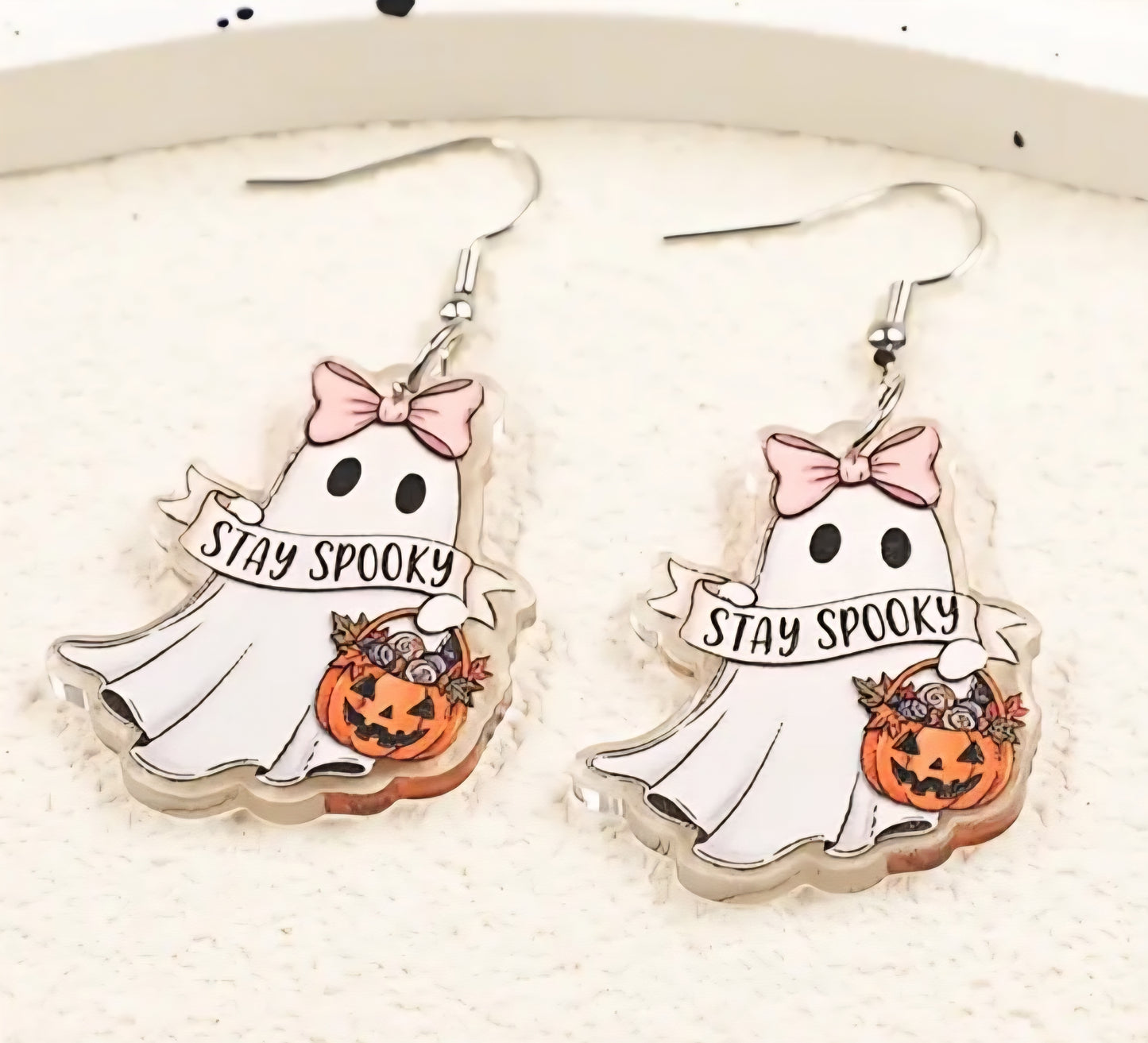 Acrylic Ghost Pink Bow Pumpkin Stay Spooky Banner Halloween Gothic Punk Design Drop Dangle Earrings