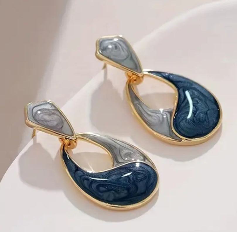 Classy Elegant Enamel Painted Blue Grey Swirl Design Gold Plated Tear Drop Dangle Earrings