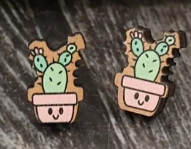 Cartoon Cactus Succulent Pot Tall Plant Garden Wood Stud Earrings