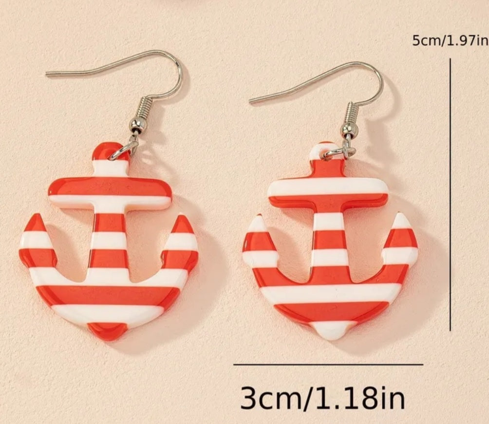 Acrylic Anchor Marine Nautical Striped Design Red White  Drop Dangle Earrings