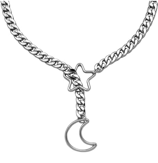 Crescent Moon Star Gothic Goth Punk Rock O-Ring Slip Chain Stainless Steel Necklace