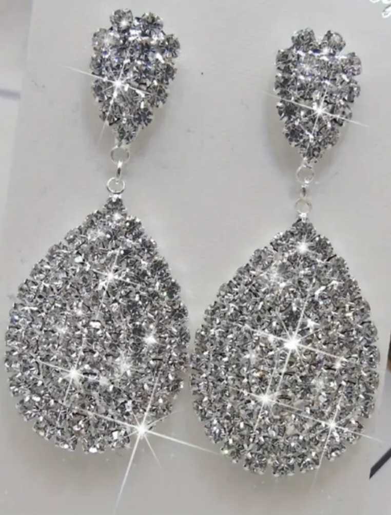 Silver Tone White Rhinestone Inlay Double Droplet Bling Sparkle Dangle Earrings