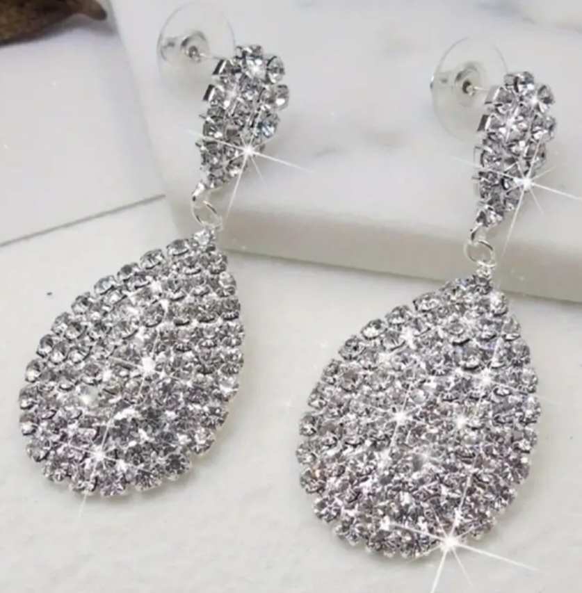 Silver Tone White Rhinestone Inlay Double Droplet Bling Sparkle Dangle Earrings