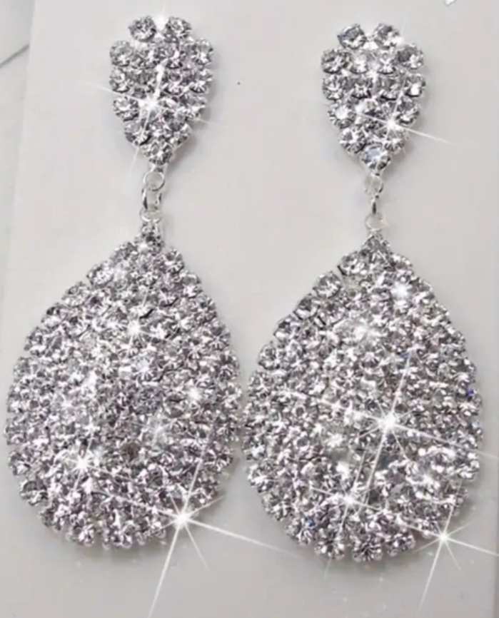 Silver Tone White Rhinestone Inlay Double Droplet Bling Sparkle Dangle Earrings