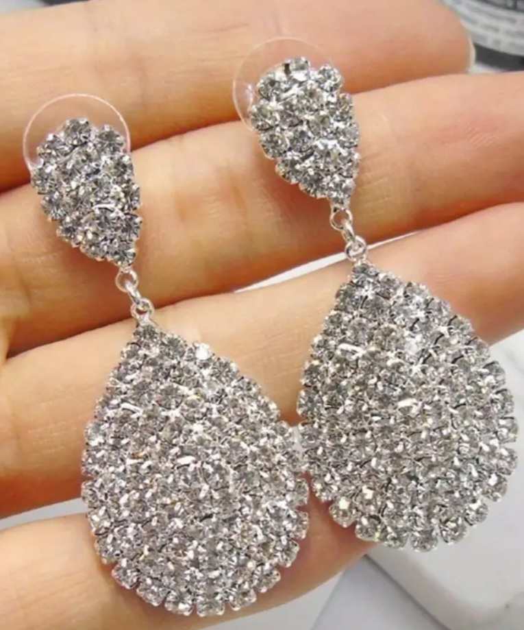 Silver Tone White Rhinestone Inlay Double Droplet Bling Sparkle Dangle Earrings